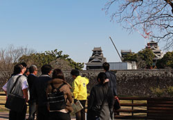 加藤神社境内から見た熊本城。天守閣は２年後の入場見学を目指す