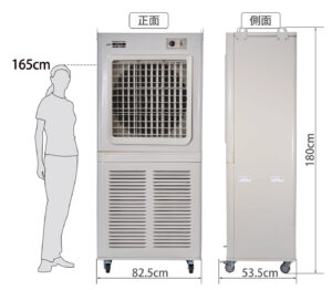 キャビネットファンはは高さ180センチ、自重約80キロ。エラストマー製キャスター付きで移動が容易
