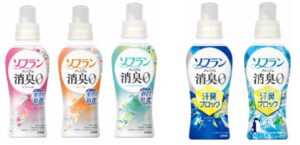 写真左から『ソフラン プレミアム消臭』（フローラルアロマの香り、アロマソープの香り、フレッシュグリーンアロマの香り）、『ソフラン プレミアム消臭 汗臭ブロック』、『ソフラン プレミアム消臭 汗臭ブロック　涼感クールミントの香り』[数量限定]